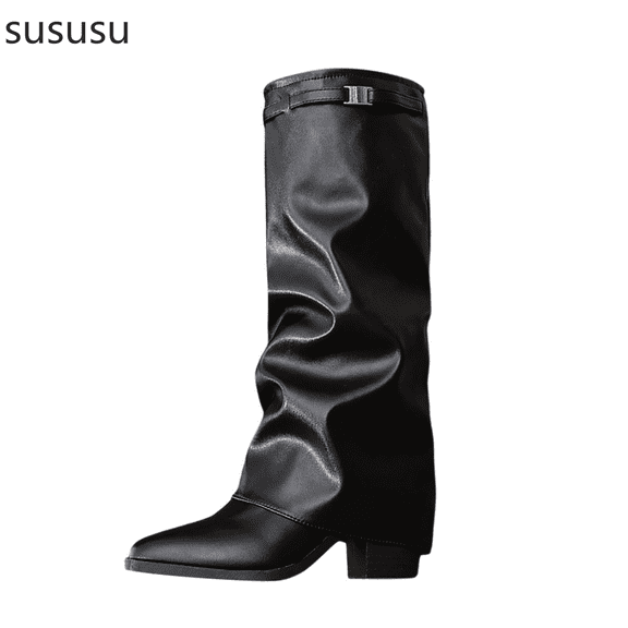 Stylish Women's Mid Calf Boots With Pointed Toe And Buckle Comfortable Heeled Boots For Fall Winter Fashion And Outdoor Wear