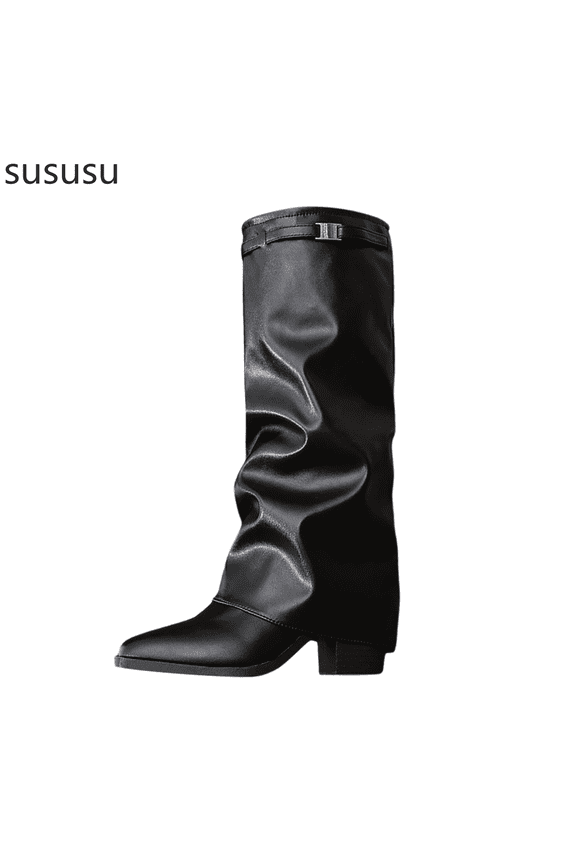 Stylish Women's Mid Calf Boots With Pointed Toe And Buckle Comfortable Heeled Boots For Fall Winter Fashion And Outdoor Wear