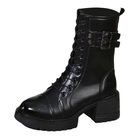 Stylish Women's Mid Calf Boots for Everyday Wear with Block Heel Zipper Closure and Lace Up Detail Ideal Fall Winter Footwear,Color:Black,Size:9