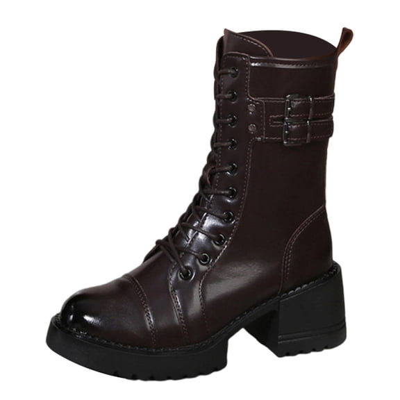 Stylish Women's Mid Calf Boots for Everyday Wear with Block Heel Zipper Closure and Lace Up Detail Ideal Fall Winter Footwear,Color:Brown,Size:5.5