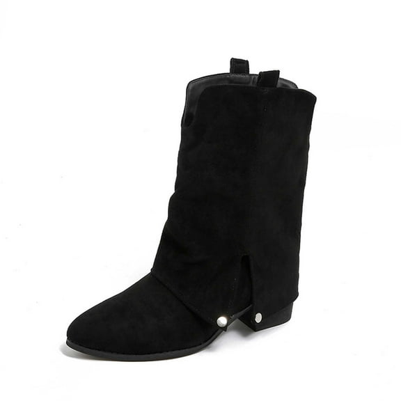 Xiaoxatg Stylish Women's Mid-Calf Suede Boots with Side Slit for Comfortable Fall Winter Casual Dress and Outings 6 Black