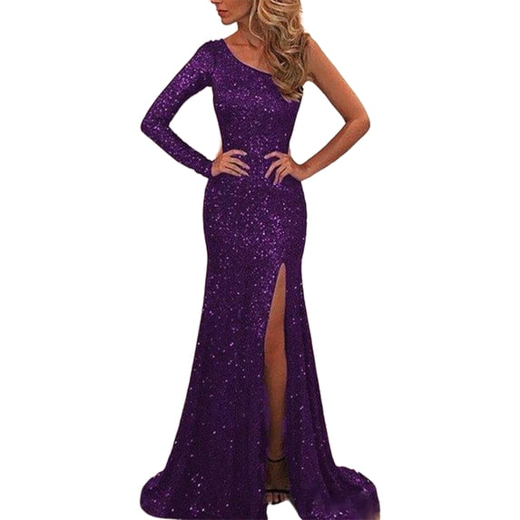 Stylish Women's One Shoulder Long Sleeve Solid Color Bodycon Maxi Dress for All Seasons Purple M