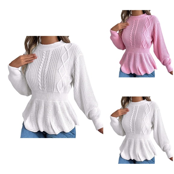 Stylish Women's Peplum Pullover Sweater – Long Sleeve, Ruffled Waist, Crew Neck, Slim Fit Cable Knit for Fall Winter Everyday Wear