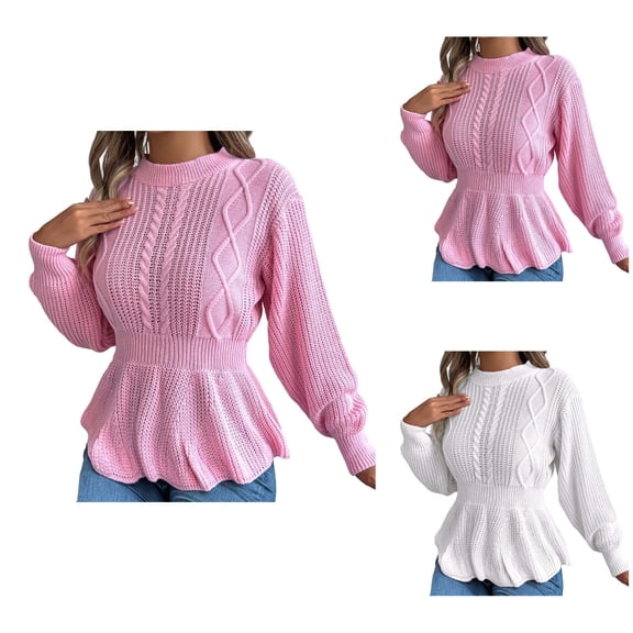 Stylish Women's Peplum Pullover Sweater – Long Sleeve, Ruffled Waist, Crew Neck, Slim Fit Cable Knit for Fall Winter Everyday Wear