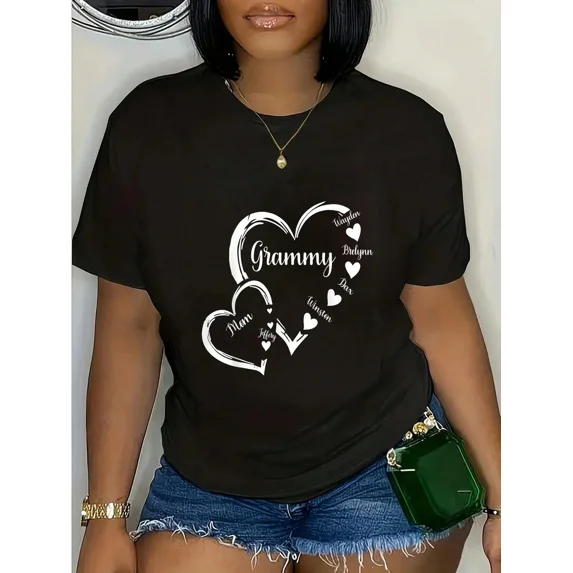 Stylish Women's Personalized Grammy Mom Heart T-Shirt, Custom Family Names Grandparent Mother's Day Gift, Comfy Casual Short Sleeve Graphic Tee