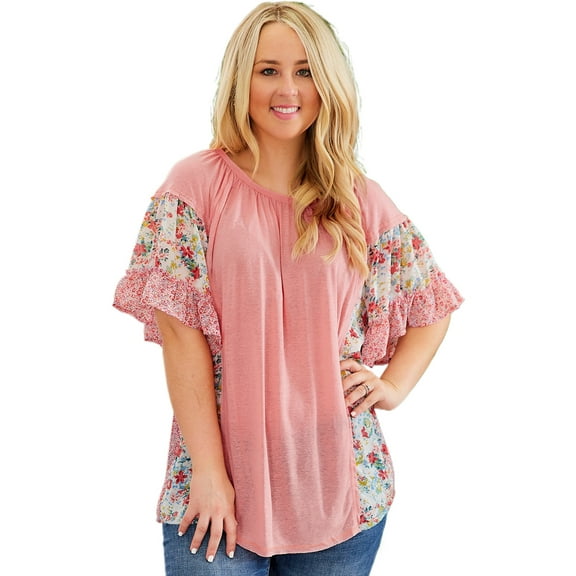 Stylish Women's Plus Size Top: Pink Floral Patchwork with Round Neck - [ZhiHiMeRi] | (US 22W-24W)3X