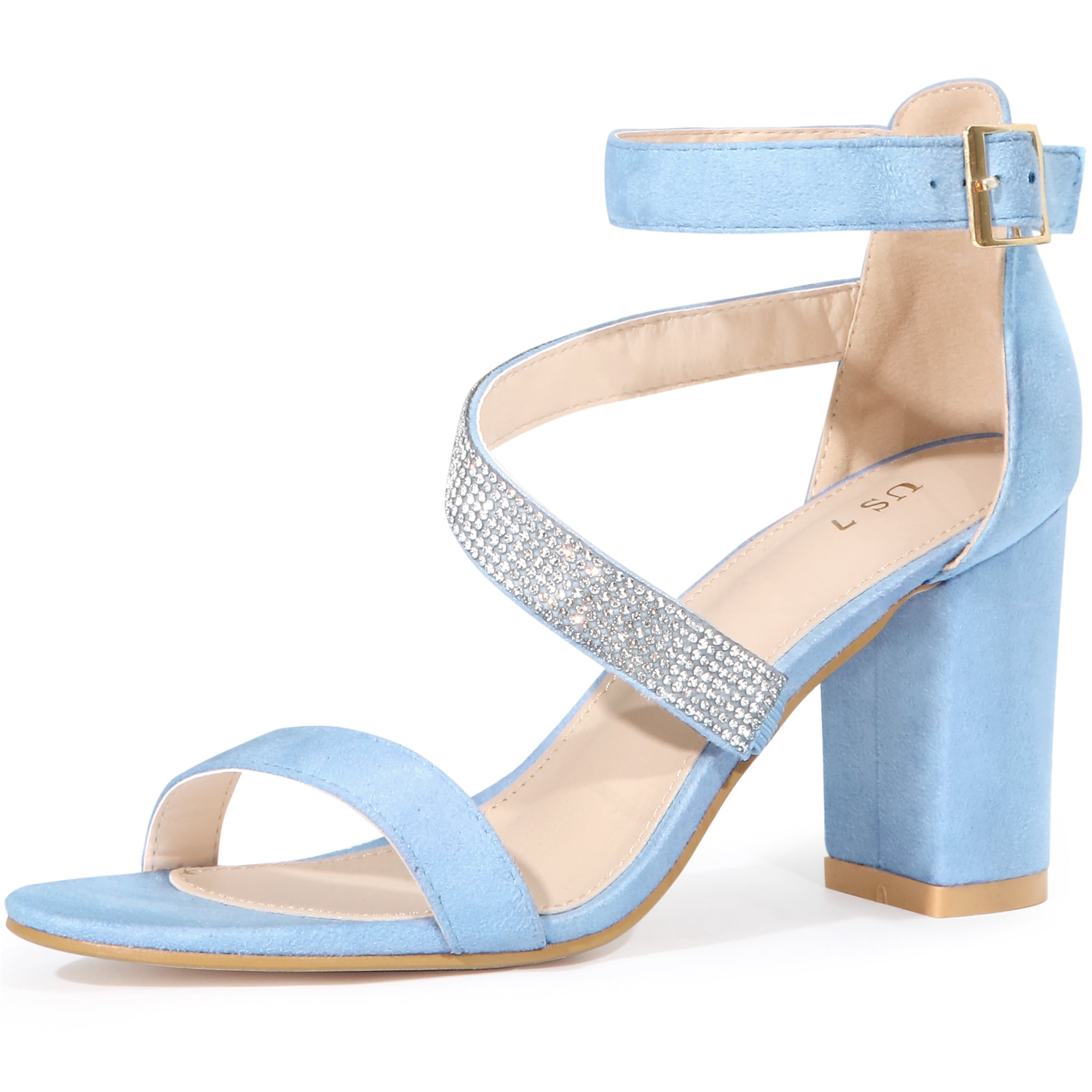 Stylish Women's Rhinestone Open Toe Block Heels Sandals for Any Occasion Sky Blue 8.5