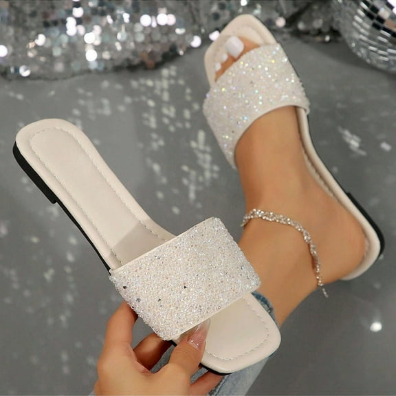Stylish Women's Rhinestone Slide Sandals - Square Toe, Slip-On Flat Open-Toed Dressy Summer Slippers