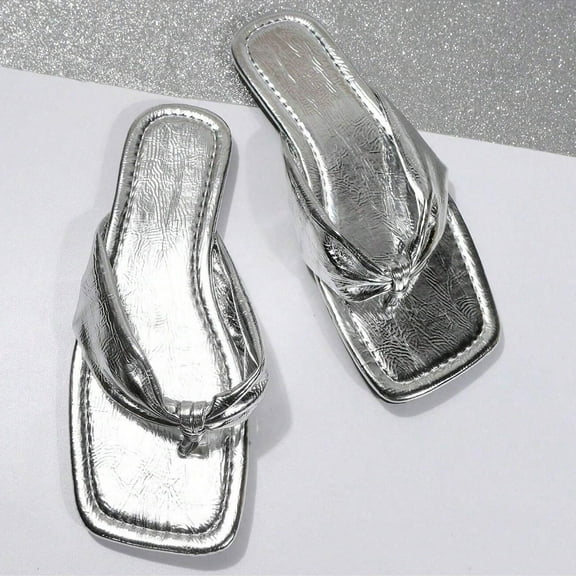 Stylish Women's Ruched Strap Flat Sandals - Open-Toe Beach Slippers with Chic Square Toe Design