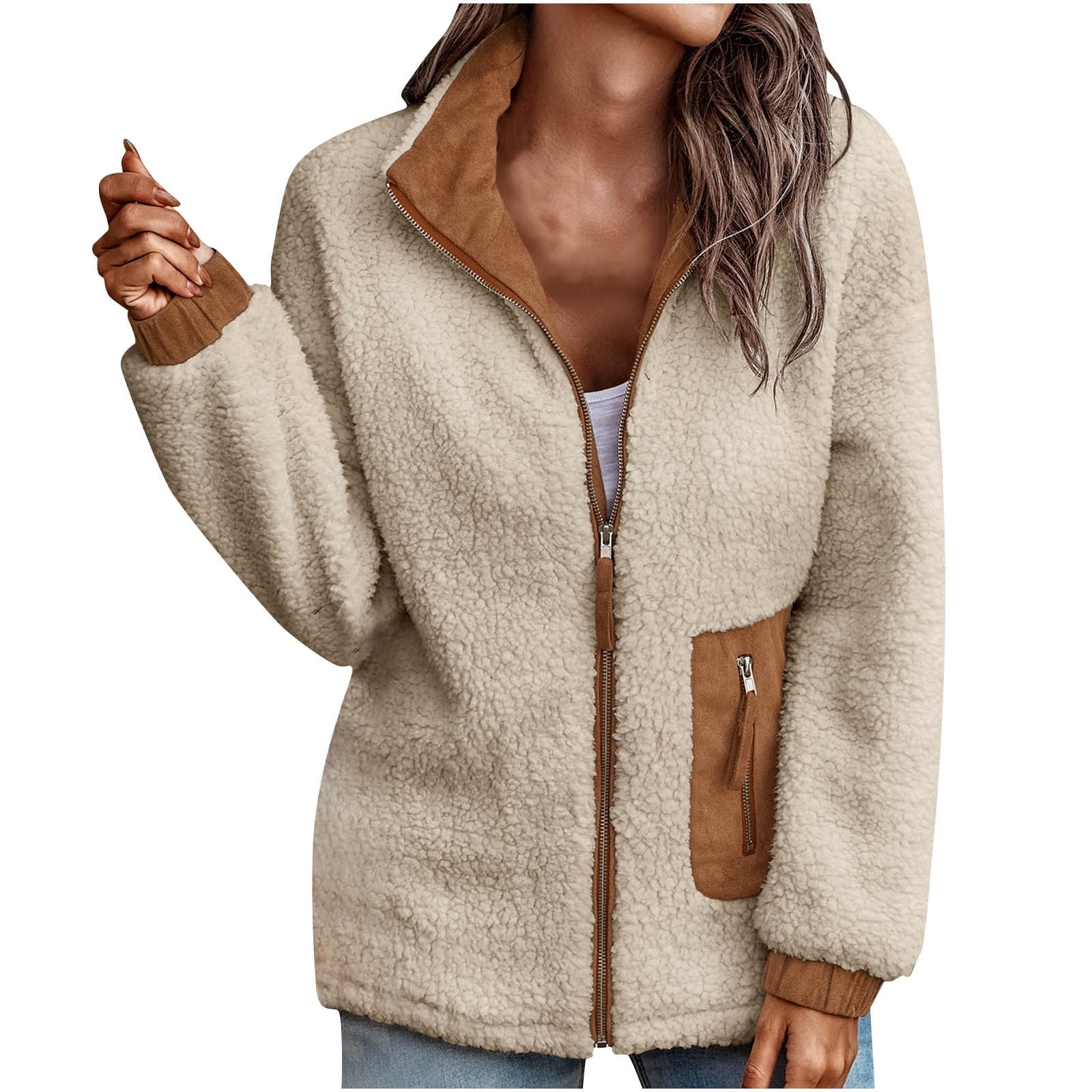 Stylish Women's Sherpa Fleece Jacket Faux Fuzzy Long Sleeve Casual Zip Up  Bomber Jackets Coat Outwear with Zip Pocket