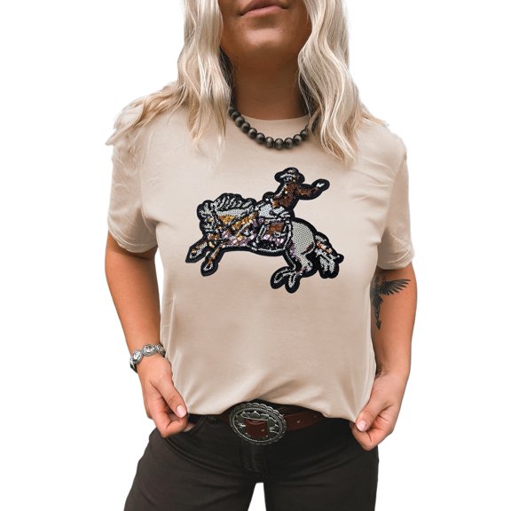 Stylish Women's Short Sleeve Tee with Western Print and Sequin Detail - Summer Essential | [ZhiHiMeRi] | (US 16-18)XL