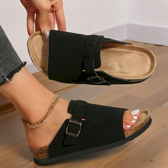 Stylish Women's Slide Sandals With Cork Footbed And Adjustable Straps For Maximum Comfort Featuring Unique Knitted Design.
