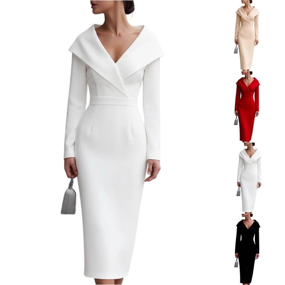 Stylish Women's Slimming Waist Elegant V-Neck Long Sleeve Midi Dress - White L