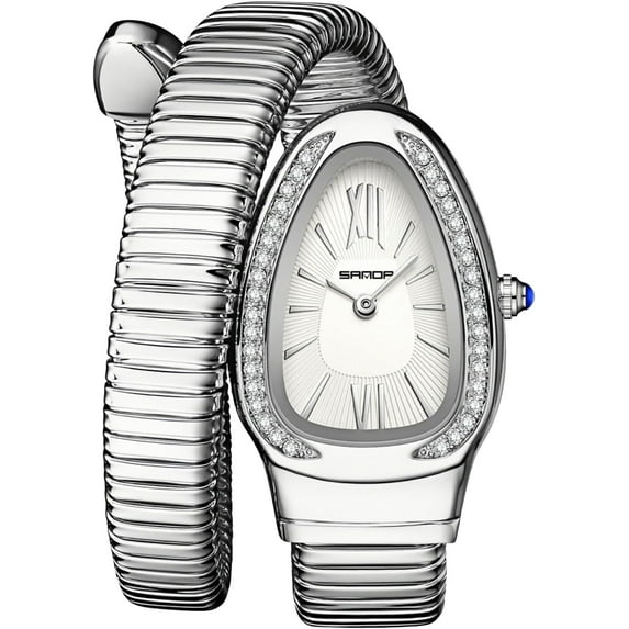Stylish Women's Snake Shape Bangle Watch Unique Design Snake Coil Elegant Dress Diamond Bracelet Ladies Quartz Wristwatch with Roman Numerals Dial