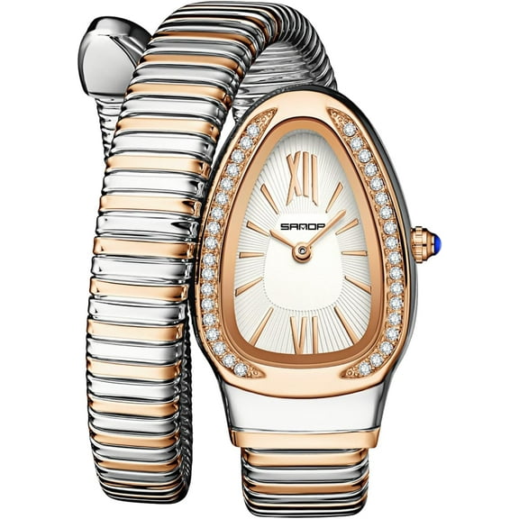 Stylish Women's Snake Shape Bangle Watch Unique Design Snake Coil Elegant Dress Diamond Bracelet Ladies Quartz Wristwatch with Roman Numerals Dial