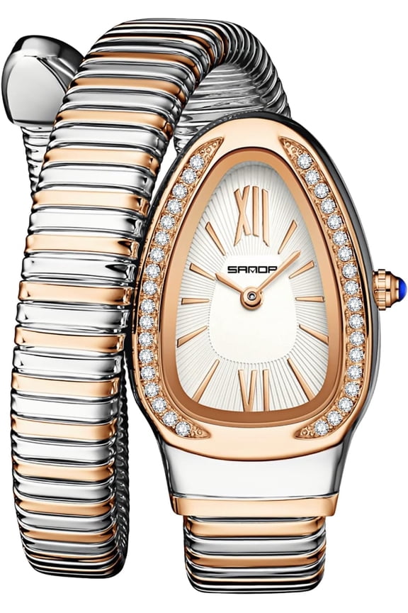 Stylish Women's Snake Shape Bangle Watch Unique Design Snake Coil Elegant Dress Diamond Bracelet Ladies Quartz Wristwatch with Roman Numerals Dial