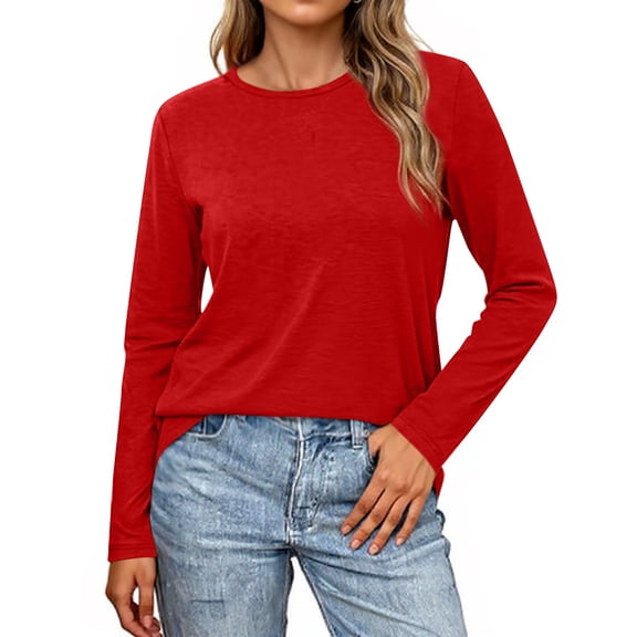 Stylish Women’s Solid Long Sleeve Shirt – Casual Round Neck Pullover Top, Lightweight and Breathable Blouse Red