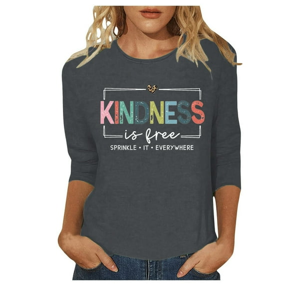 Women's Fashion Casual 3/4 Sleeve Round Neck Letter Print T-Shirt Comfortable Soft Breathable Stylish Tee Top for Daily Wear