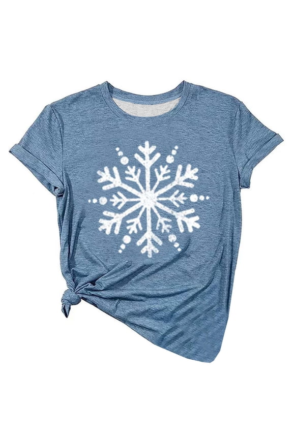 Stylish Women's T-Shirts Cute Christmas Snowflake Print Round Neck Short Sleeve Tee for Casual Wear