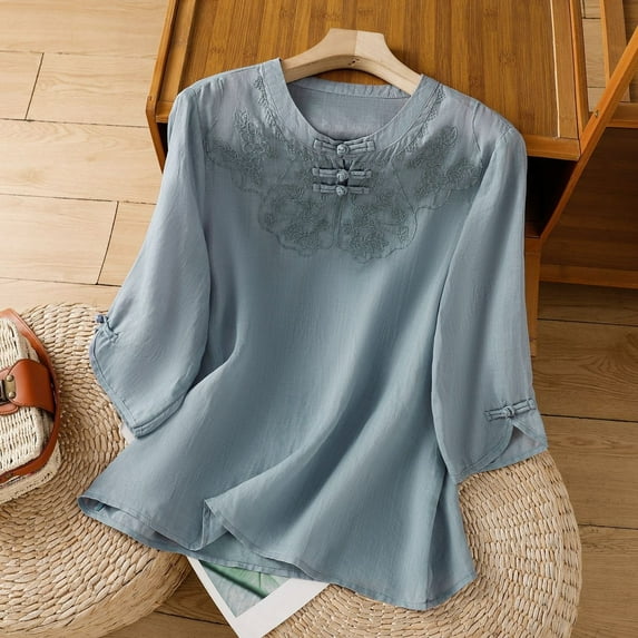 Stylish Women's T Shirts with Elegant Embroidery for Everyday Wear Classic Round Neck Design for All Seasons Athletic Wear Tops for Women Long Sleeve Womens Shirts T Shirts Womens Apparel Shirt