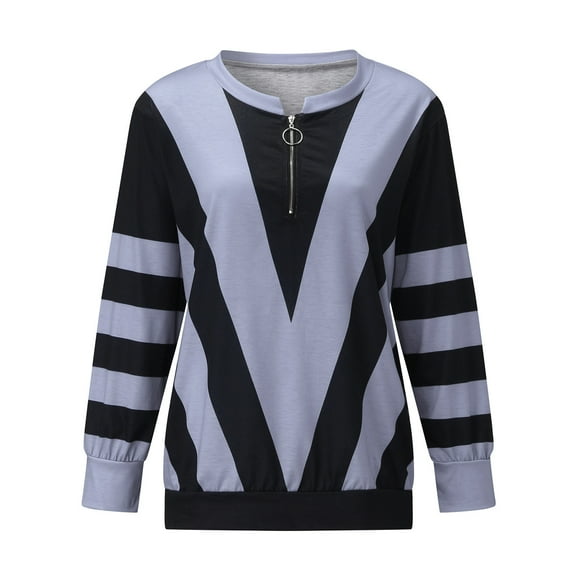 Stylish Women's T-Shirts Long-Sleeved Blouse with Zipper and V-shaped Design for Elegant Casual Wear
