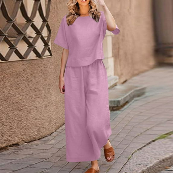 Stylish Women's Trousers Suit Elegant Two Piece Outfit with Short Sleeve Shirt and Wide Leg Pants for Casual and Formal Occasions