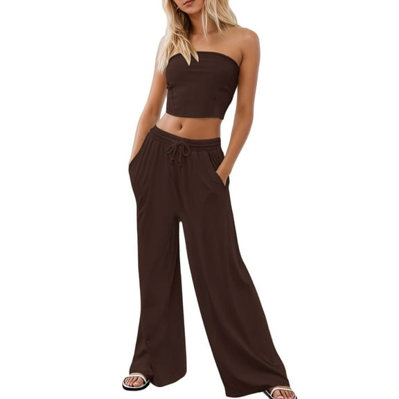 Stylish Women's Trousers Suit Two Piece Set With Sleeveless Top And Wide Leg Pants Ideal For Casual Spring And Summer Outfits two piece pajama set
