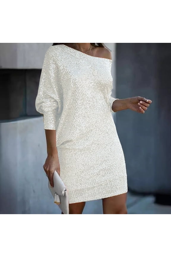 Stylish Women's V Neck Sequin Midi Dress Elegant Off Shoulder Party Gown For Spring And Summer Wedding Prom Dress Wedding Guest Dresses for Women Fall One Shoulder Evening Gown Wedding Guest Dress