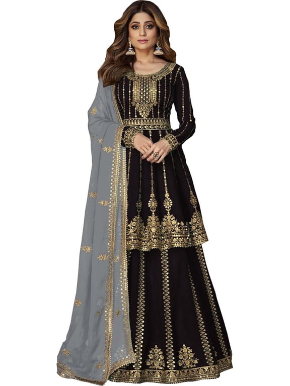 Stylish Women's Wear Designer Pakistani Indian Salwar Kameez Anarkali Lengha Suits ( Black, S - 38 )