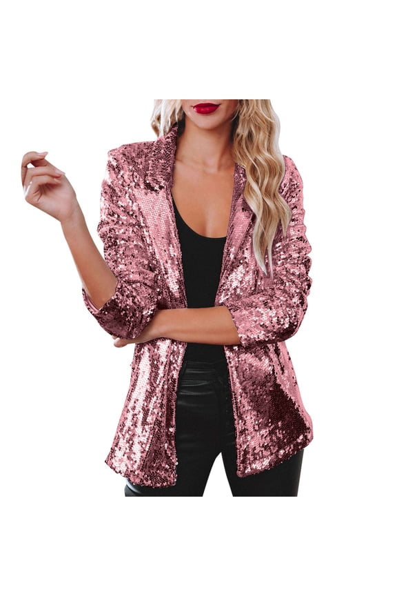 Stylish Women's and Suit Jackets Sequin Long Sleeve Glitter Coat for Parties Rave and Shiny Lapel Design Outerwear