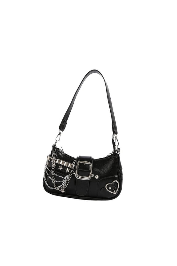 Stylish Womens Single Shoulder Bag with Chain Grunge Star Rivets Underarm Bag PU Armpit Purse Zippered Handbag