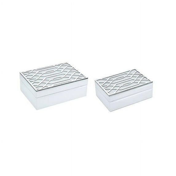 Stylish Wood & Glass Storage Boxes, White & Silver - Set of 2
