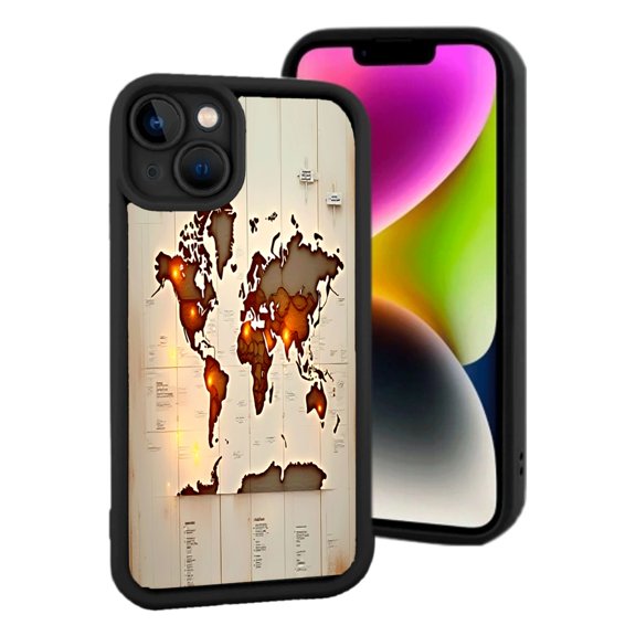 Stylish World Map Design iPhone 15 Case - Lightweight Yellowing Resistant Warm Colors on Beige Background