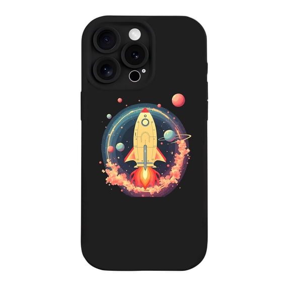 Stylish Yellow Rocket Ship Design iPhone 15 Pro Case - Lightweight Yellowing Resistant Vibrant Space Theme with Colorful Planets & Comet