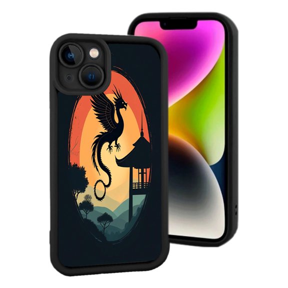Stylish Yellowing Resistant Lightweight iPhone 15 Case - Features a Vibrant Dragon Silhouette Against a Sunset Design