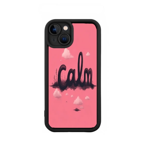 Stylish Yellowing Resistant Lightweight iPhone 15 Case - Minimalistic Pink Background with Black Border and 3D ' Calm ' Design Perfect for Everyday Use