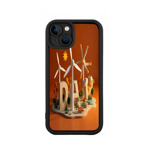 Stylish Yellowing Resistant Lightweight iPhone 15 Case - Nature-Inspired Design with Wind Turbines and Vibrant Orange Background