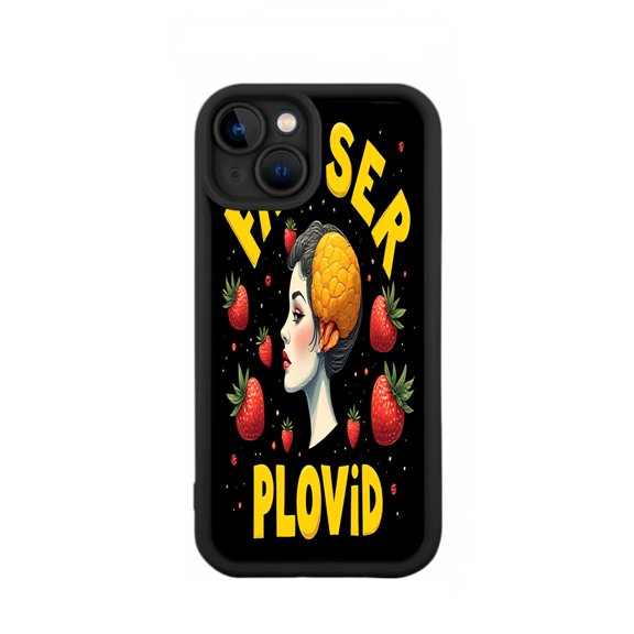 Stylish Yellowing Resistant Lightweight iPhone 15 Case - Unique Pineapple Ear & Strawberry Pattern Design on Black Background