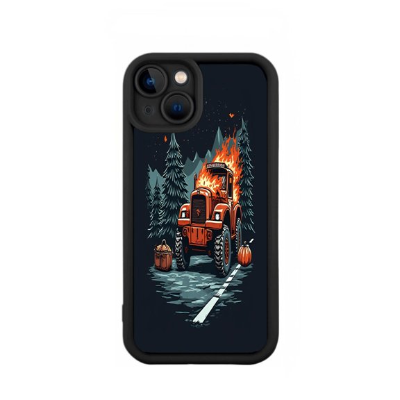 Stylish Yellowing Resistant Lightweight iPhone 15 Case - Vibrant Pattern Design with Fiery Truck & Starry Night Background