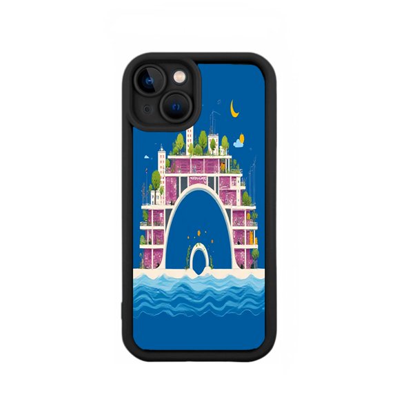 Stylish Yellowing Resistant Lightweight iPhone 15 Case - Whimsical Futuristic Cityscape Design with Greenery and Curved Blue Base