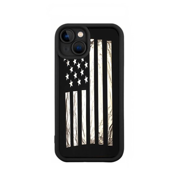 Stylish Yellowing Resistant Lightweight iPhone 15 Case with Metallic Silver American Flag Design & Fingerprint Sensor Cutout