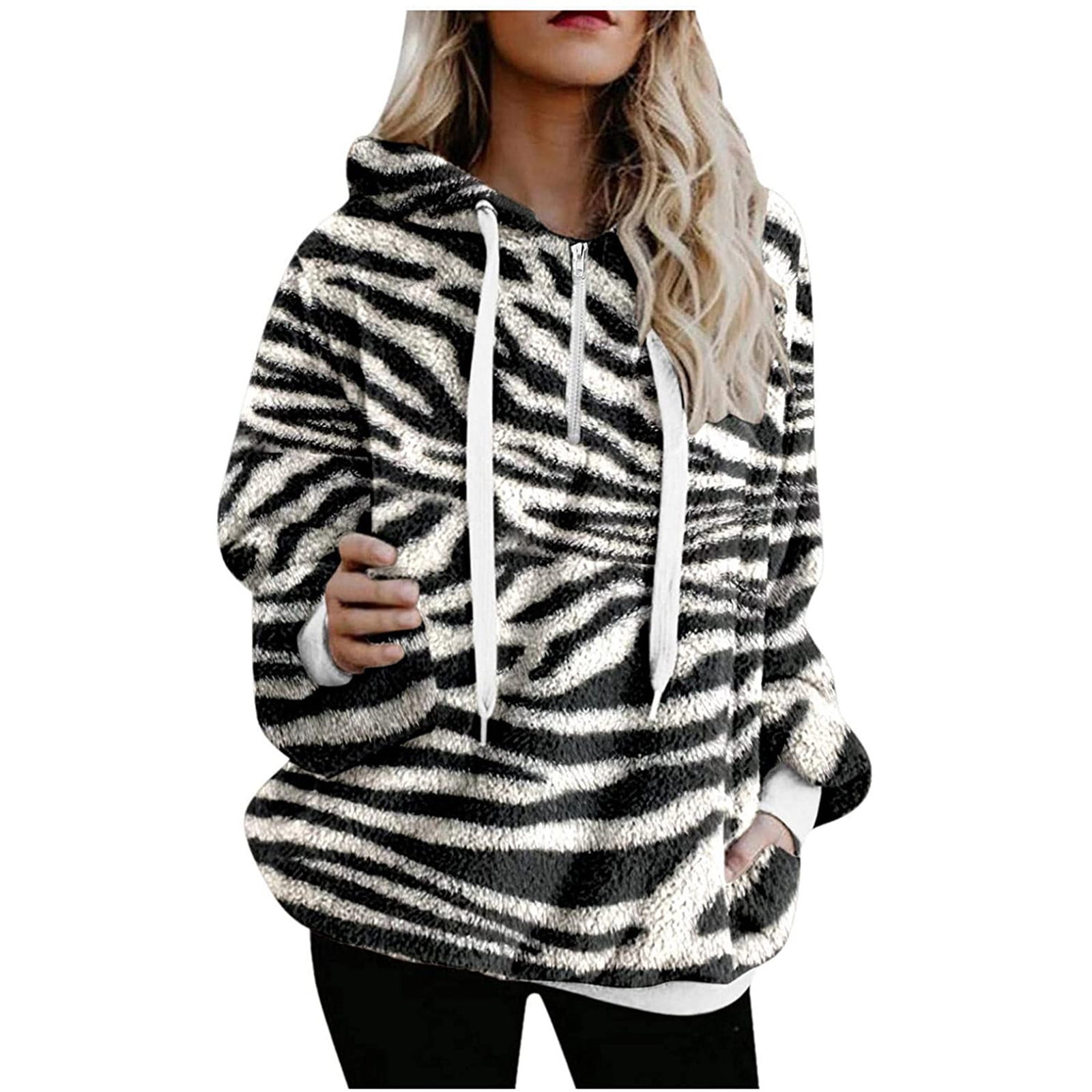 Stylish Zebra Print Fleece Hoodies for Women Oversized Sherpa