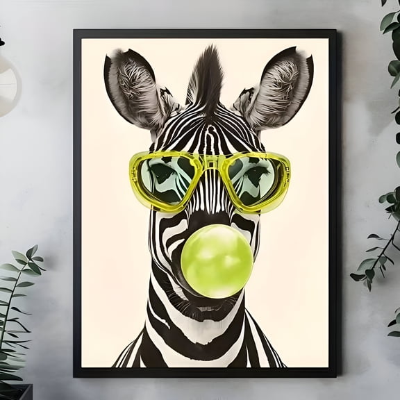 Stylish Zebra Wall Art Poster Black White Striped Animal With Glasses Bubble Gum Modern Living Room Bedroom Office Decor, UNFRAMED 12x18