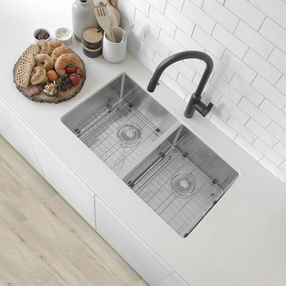 Stylish Zircon Undermount 32" Double-Bowl Stainless Steel Kitchen Sink with 4 Accessories S-301G