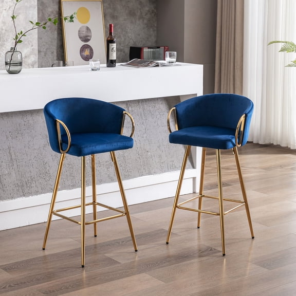 Stylish and Comfortable - 30-Inch Blue Velvet Bar Stools with Chrome Footrest for Your Home Bar