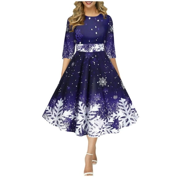 Stylish and Comfortable Women's Casual Dress Retro Christmas Snowflake Print Long Round Neck Half Sleeve for Festive Gatherings and Everyday Wear