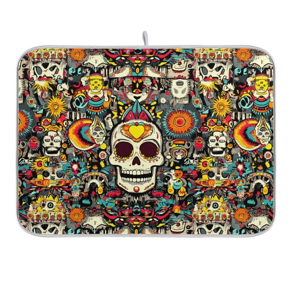 Stylish and Cool Skull Dish Drying Mat 16x18 Absorbent Microfiber Draining Rack Pad for Kitchen Counter Sink