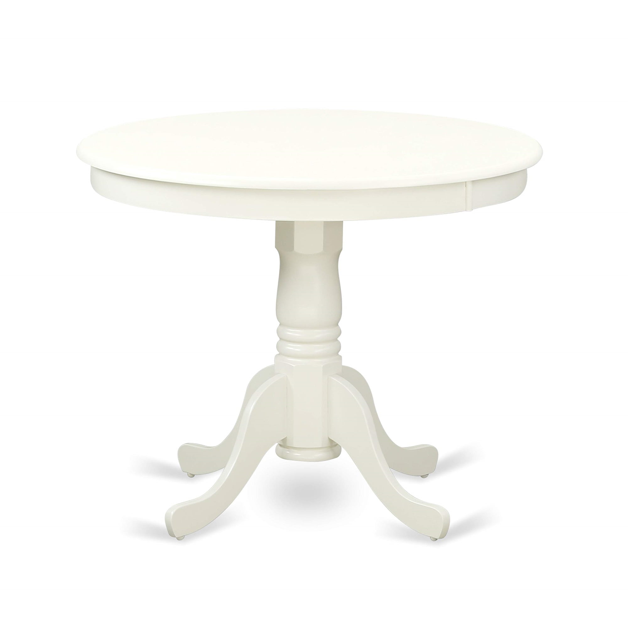 Linen White Round Pedestal Table with Baby Blue Fabric Chairs