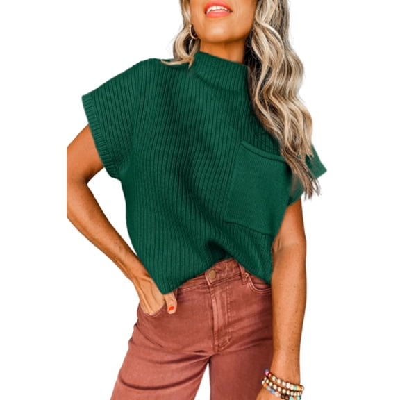 Stylish and Cozy: Blackish Green Ribbed Knit Short Sleeve Sweater with Convenient Patched Pocket - [ZhiHiMeRi] | (US 16-18)XL,Blackish Green