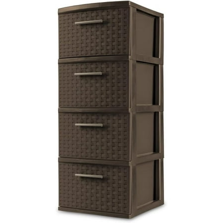 Stylish and Durable Weave Pattern Plastic Drawers 4-Drawer Tower, Ideal for Open Storage Needs, Espresso